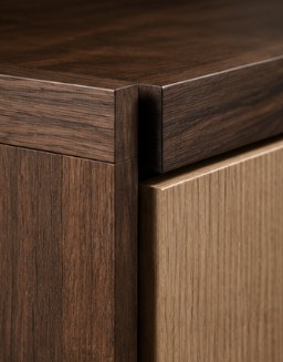 Walnut cabinet corner with a mitered top